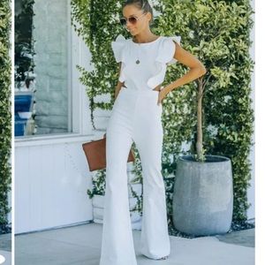 KADIE COTTON BLEND FLARED DENIM JUMPSUIT - WHITE